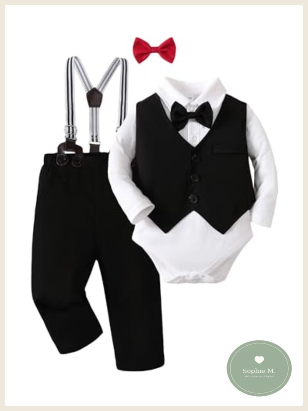 Baby Boy Tuxedo Suit Set Christening Outfit 5PCS Cotton Long Sleeve